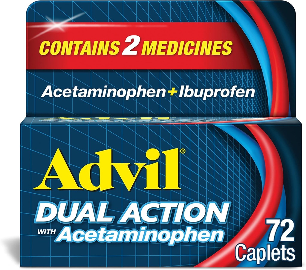 Advil Dual Action Coated Caplets with Acetaminophen, 250 Mg Ibuprofen and 500 Mg Acetaminophen Per Dose (2 Dose Equivalent) for 8 Hour Pain Relief - 72 Count