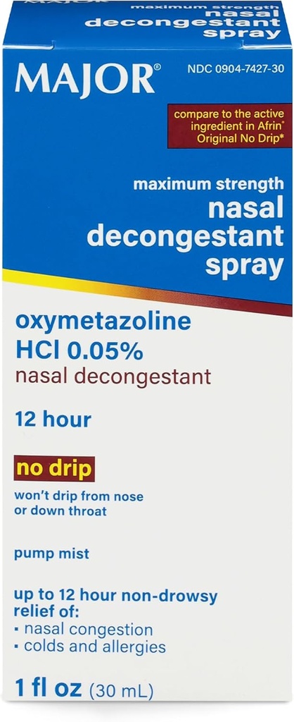 MAJOR Maximum Strength Nasal Decongestant Spray, Oxymetazoline HCl 0.05% Pump Mist, Non-Drowsy Nasal Spray, up to 12-Hour Relief from Nasal Congestion, Colds, and Allergies 1 Fl. Oz. (1-Pack)