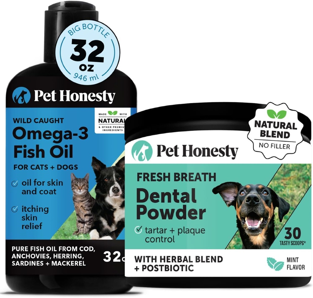 Omega-3 Fish Oil for Dogs + Dental Powder for Teeth Cleaning & Plaque Removal, Promotes Healthy Skin, Coat & Immune Support