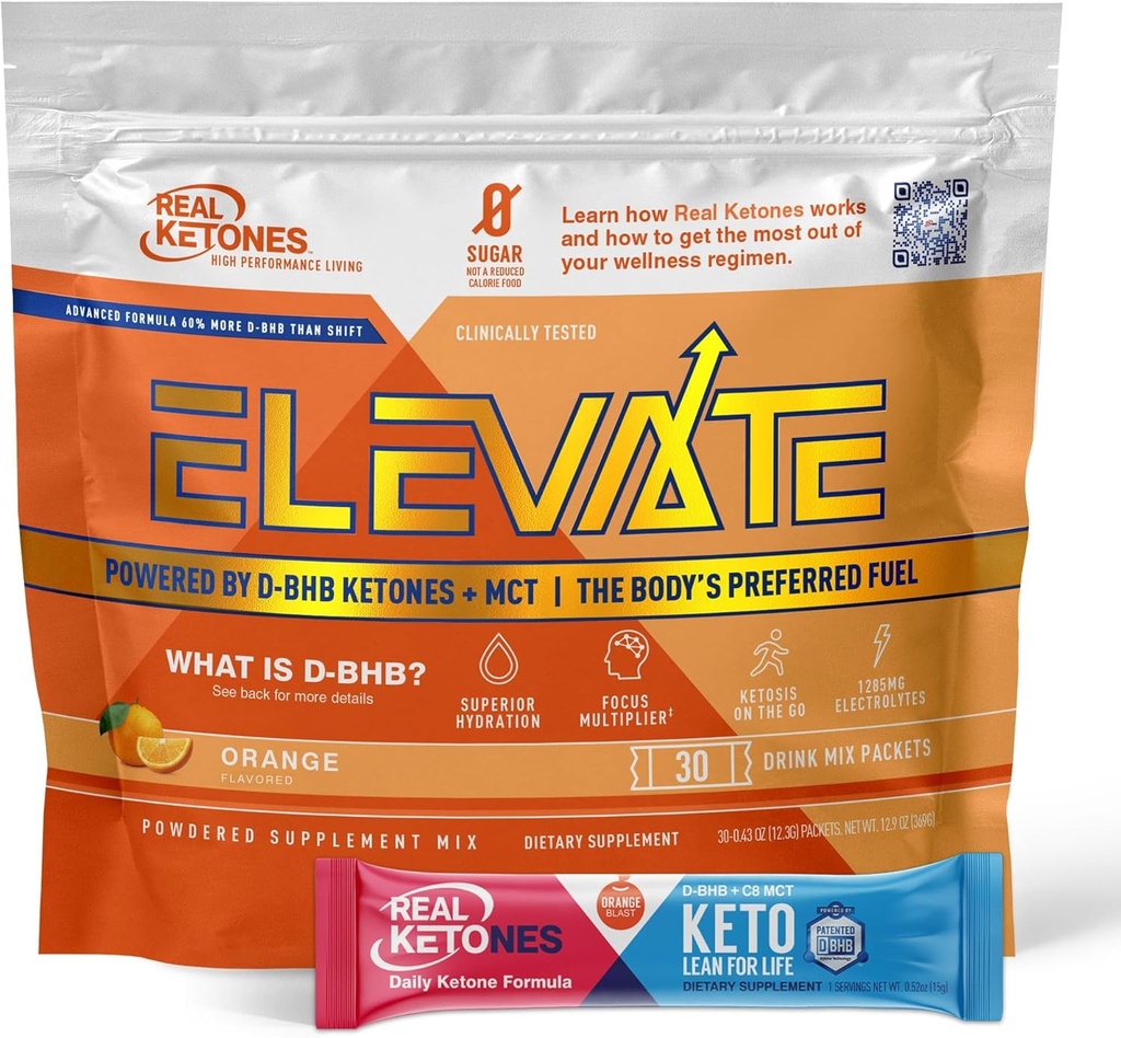 Real Ketones MCT & BHB Exogenous Ketones Drink Mix Packets Elevate Keto Electrolytes Powder Packets No Sugar with 4 Main Electrolytes Plus Hydrating Proprietary Keto BHB - 30 Pack Orange