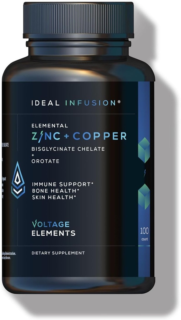 Voltage Elements Zinc Bisglycinate + Orotate 245mg with Copper Chelate: Muscle & Skin Health, Hormone Balance - Elemental Zinc 50mg (100 Servings) Vegan