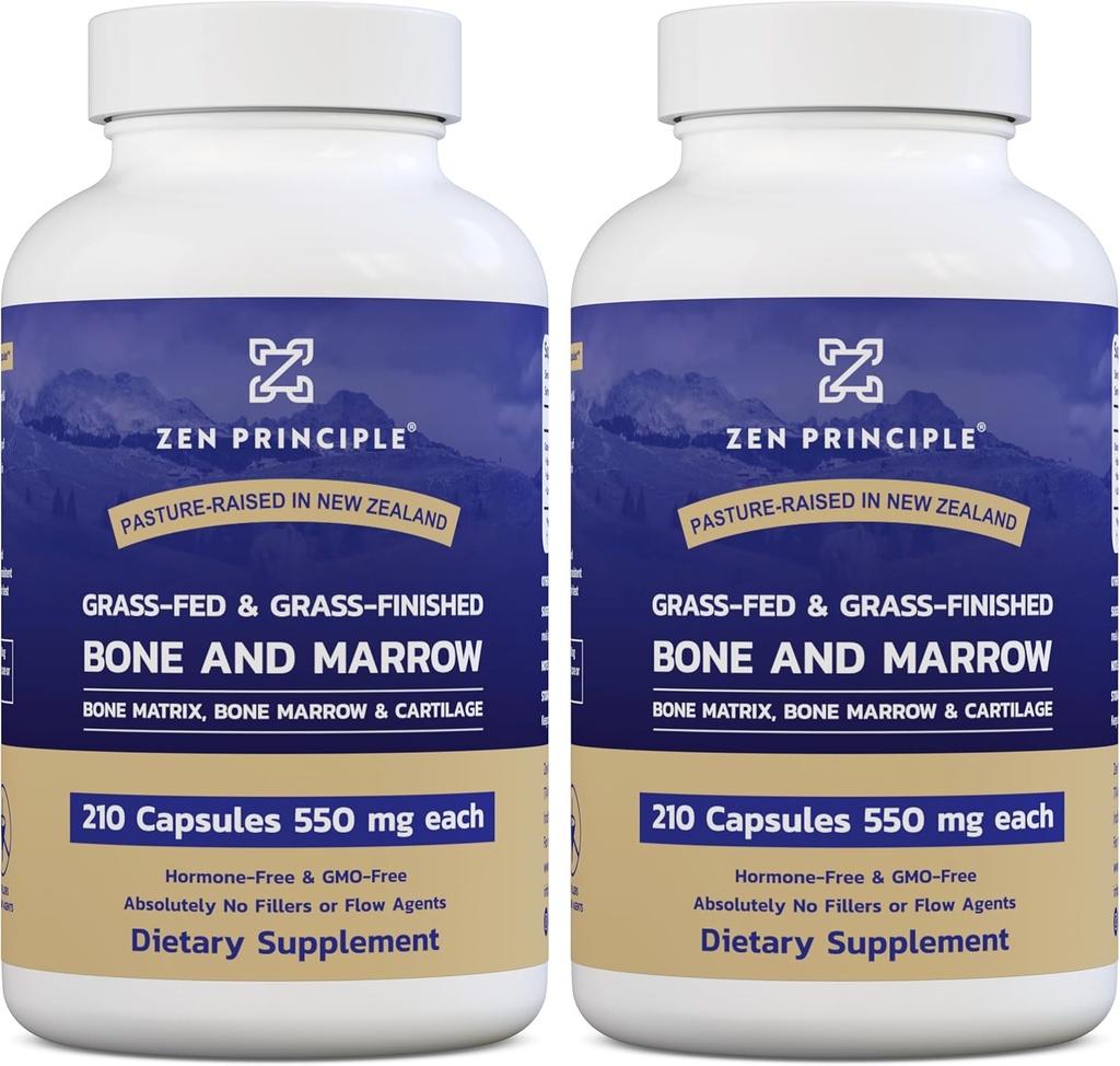 Zen Principle Grass Fed Beef Bone Marrow Supplement, 3300mg. Skin, Oral Health, and Joint Support. Promotes Whole-Body Wellness. Whole Bone Extract, 2-Pack, 420 Capsules (210 Capsules Per Bottle).