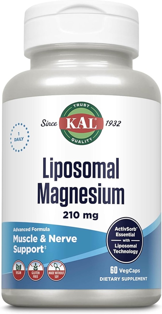 KAL Liposomal Magnesium Oxide 210 mg High Absorption, Liposomal Technology, Essentials Muscle Support, Advanced Formula, Vegan Capsules, Gluten Free, No Soy, 60 Servings