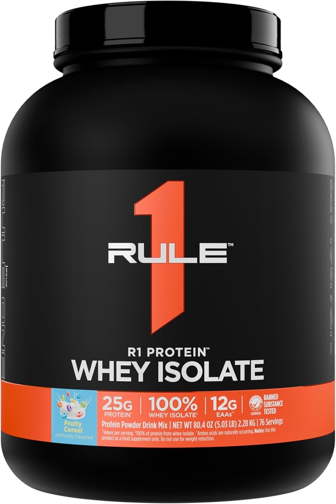 Rule 1 R1 Protein Whey Isolate - with 25g Protein & 6g BCAA Exclusively from Isolated & Hydrolyzed Sources for Workout Recovery (5 Pounds*, Fruity Cereal)