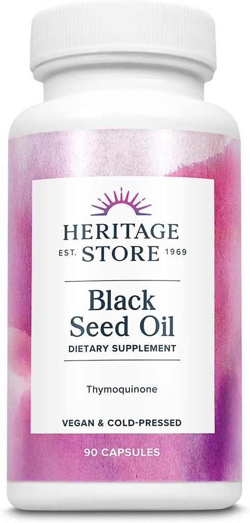 HERITAGE STORE Black Seed Oil Liquid Capsules 650mg, Nigella Sativa Oil Supplement with Thymoquinone, Omega 3 6 9, Antioxidant, Cholesterol, Digestive, Joint & Immune Support*, Vegan, 45 Serv, 90ct