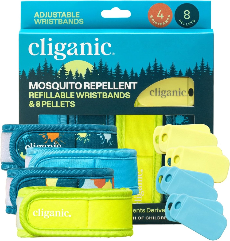 Cliganic Mosquito Repellent Pack (4 Wristbands + 8 Refill Pellets) - Adjustable, Natural DEET-Free, Essential Oil Infused