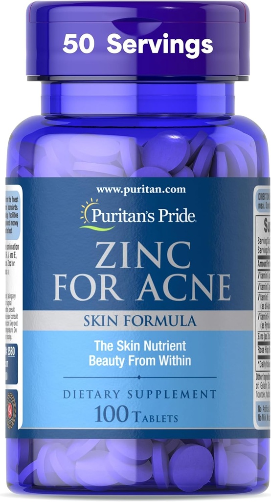 Puritan's Pride Zinc for Acne Skin Formula with Vitamins C, B-6, A, and E for Men and Women, Dietary Supplement for Clear Healthy Skin, Immune System, Cell Division and Growth Support, 100 Tablets