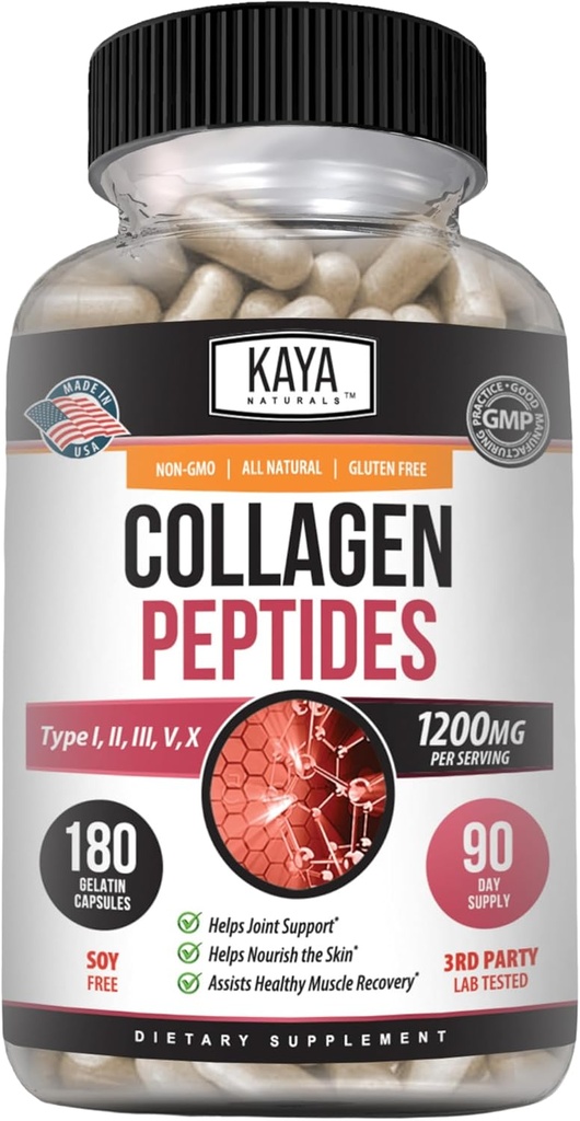 Kaya Naturals Multi Collagen Peptides Complex Powder for Women and Men, Types I, II, III, V & X | 180 Count Capsules