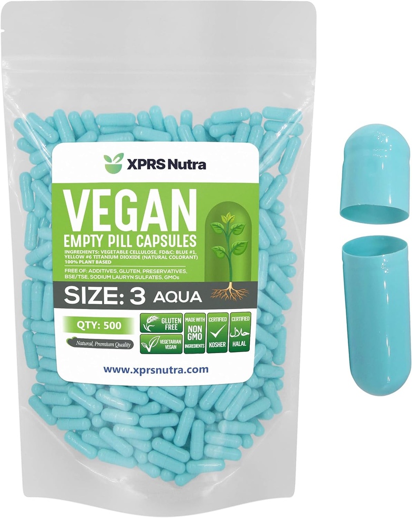 XPRS Nutra Size 3 Empty Capsules - 500 Count Empty Vegan Pills - Vegetarian Pill - DIY Vegetable Capsule Filling- Veggie Pill Caps (Aqua)