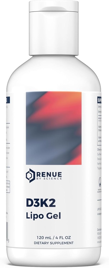 Renue By Science Vitamin D3 K2 Gel | High Strength Liposomal D3 K2 Supplement | 120ml Vitamin D K2 Gel - 2500IU Vitamin D3 & 200mcg Vitamin K2 per Serving | Non-GMO & Allergen Free | Made in The USA