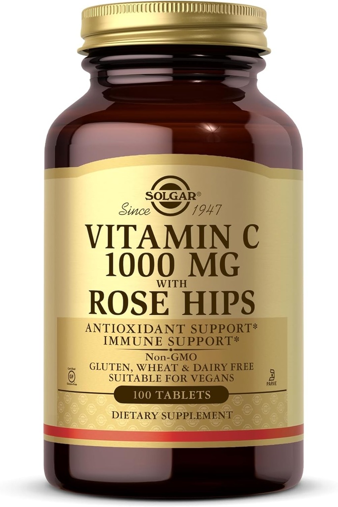 Solgar Vitamin C 1000 mg with Rose Hips - 100 Tablets - Antioxidant & Immune Support - Non-GMO, Vegan, Gluten Free, Dairy Free, Kosher - 100 Servings