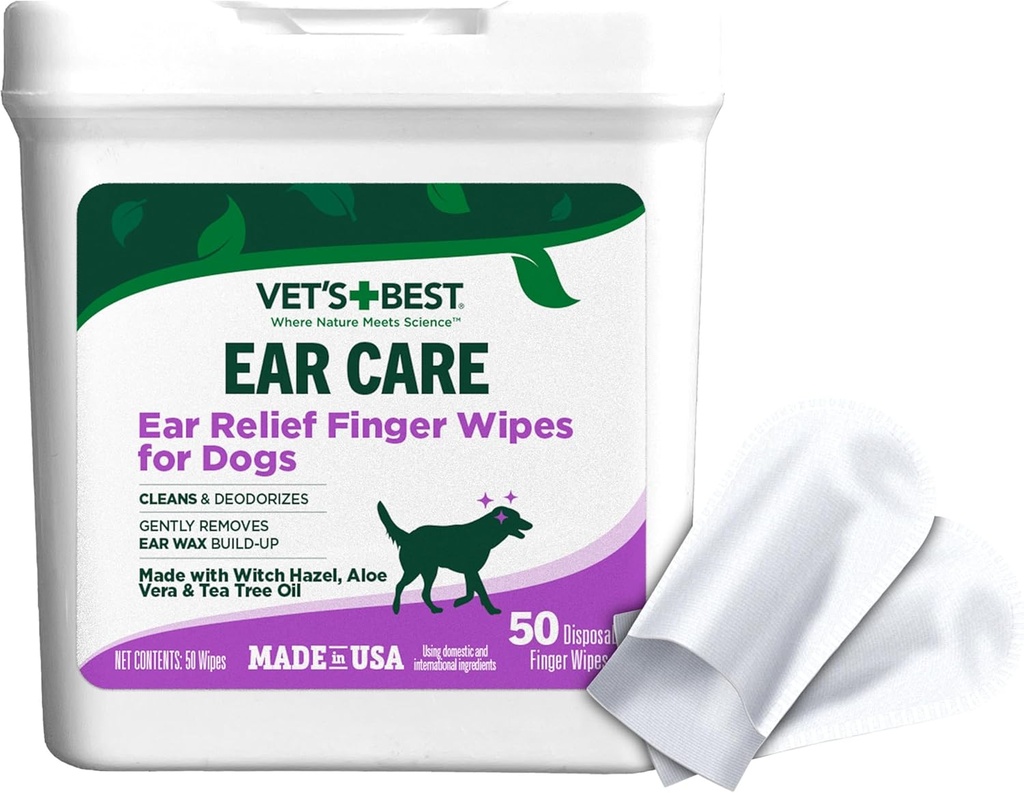 Vet's Best Ear Relief Finger Wipes, Ear Cleansing Finger Wipes for Dogs, Sooths & Deodorizes, 50 Disposable Dog Wipes
