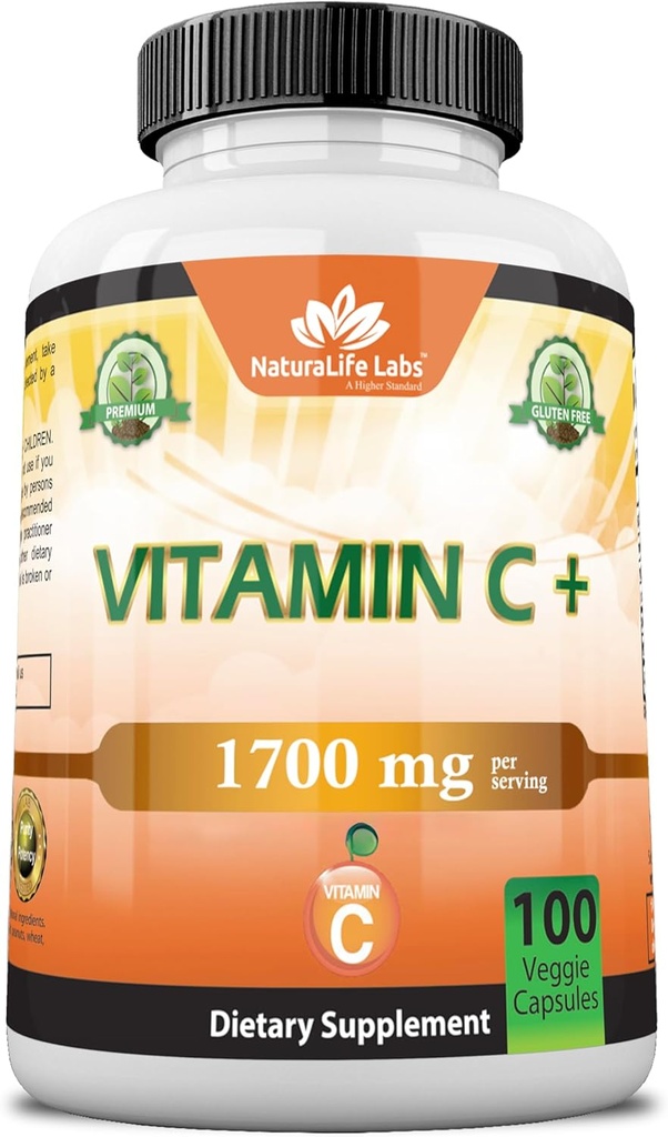 NaturaLife Labs Vitamin C with Vitamin D3, Zinc, Elderberry & Ginger Root – 1,700 mg per Serving – 100 Capsules, Vegan, Non-GMO, Gluten Free