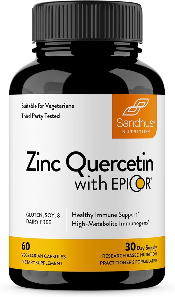 Sandhu’s Zinc Quercetin with EpiCor 60 Vegetarian Capsules - Gluten-Free Zinc Supplement - High Potency Immune Support