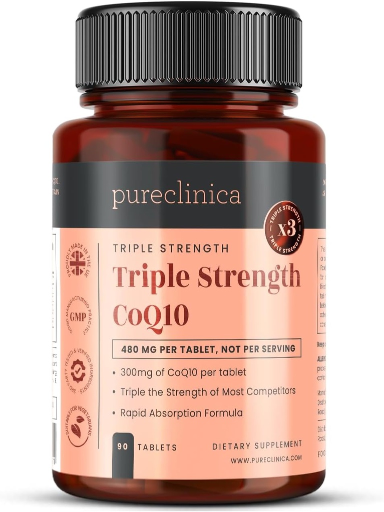 pureclinica Fermented CoQ10 300mg x 90 Tablets. Non GMO, USP Grade. with Added Vitamin C and Black Pepper Extract for Absorption.