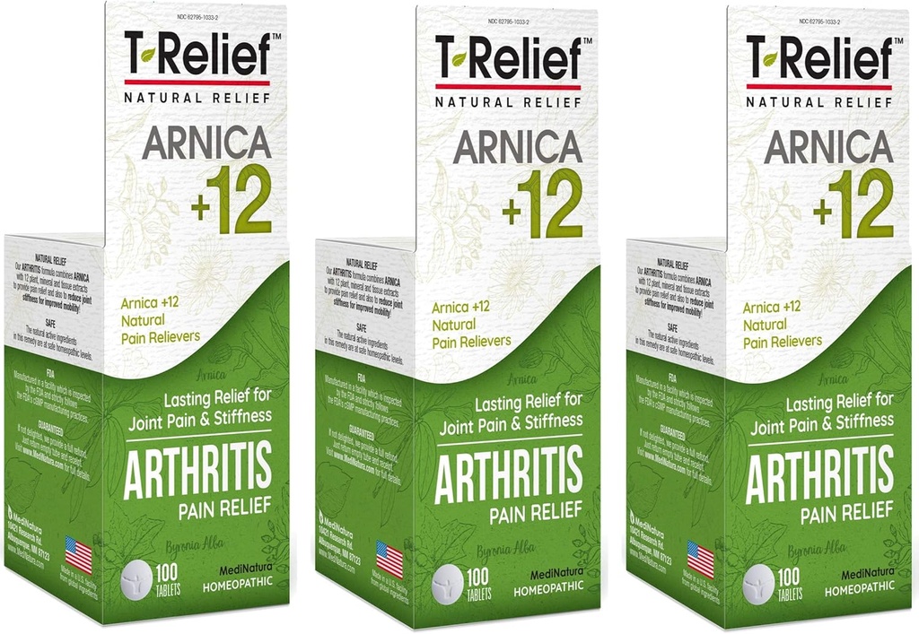 T-Relief Extra Strength Arthritis Pain Reliever Arnica +12 Natural Medicines for Joint Soreness Stiffness Aches, Quick Dissolving Pain Relief for Women & Men - 100 Tablets (Pack of 3)