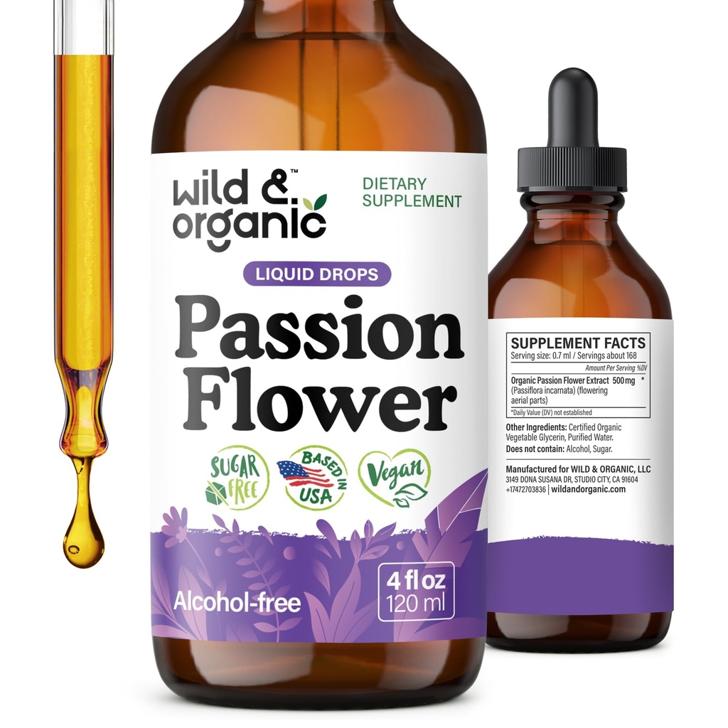 Wild & Organic Passion Flower Tincture - Mood Support - Calming Passionflower Supplement - Passiflora Incarnata Liquid Extract - Vegan, Sugar & Alcohol-Free Herb Drops - 4 fl oz