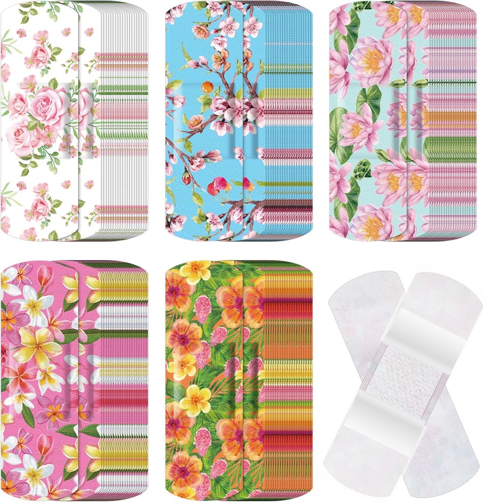 120 Pcs Fabric Adhesive Flexible Bandages Bulk Assorted Shapes and Patterns Small Colorful Pretty Fabric Bandages with Non Stick Pad 3 x 1 Inch for Cuts Wound Scrapes Women(Floral)