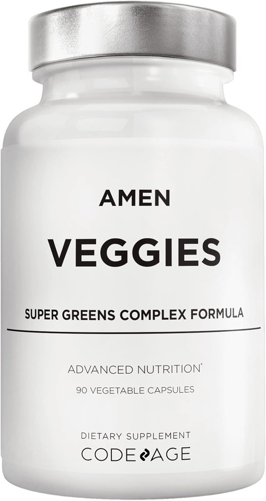 Amen Veggies, Daily Veggies Vitamins Supplement, Vegetables Vegan Blend & Whole-Food Raw Greens Multivitamin Capsules, Mushroom Complex, Superfood, Minerals, Green Vegetable Nutrients, Non-GMO, 90 ct