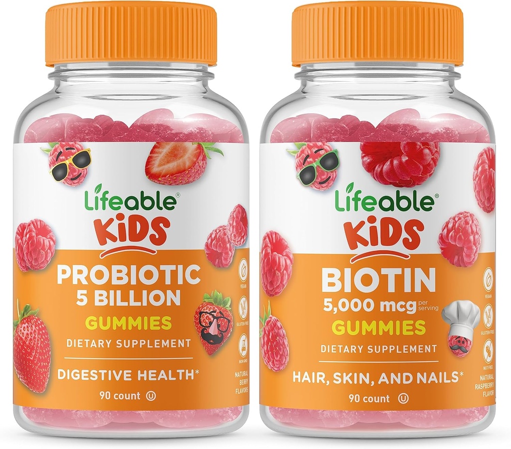 Lifeable Probiotics 5 Billion Kids + Biotin Kids, Gummies Bundle - Great Tasting, Vitamin Supplement, Gluten Free, GMO Free, Chewable Gummy