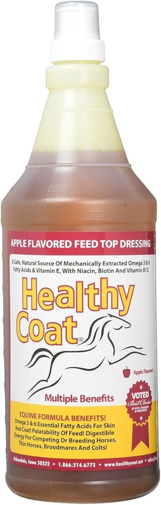 HealthyCoat Horse Supplement 32 oz – All-Natural Omega 3 & 6 Feed Top-Dress for Shiny Coat, Healthy Skin, Hooves & Joints – Fortified with Biotin, B12, Lecithin & Vitamin E – Apple Flavor