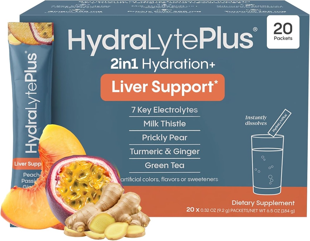 Hydralyte Liver Support + Electrolyte Mix with Milk Thistle, Turmeric, Ginger, Prickly Pear, Green Tea Extract Formulated for Rapid Rehydration (Peach Passion Ginger, 20 Packets)