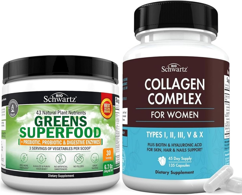 Super Greens Powder with Probiotics Prebiotics and Digestive Enzymes (30 Servings) Plus Hydrolyzed Collagen Peptide Capsules (45 Day Supply)