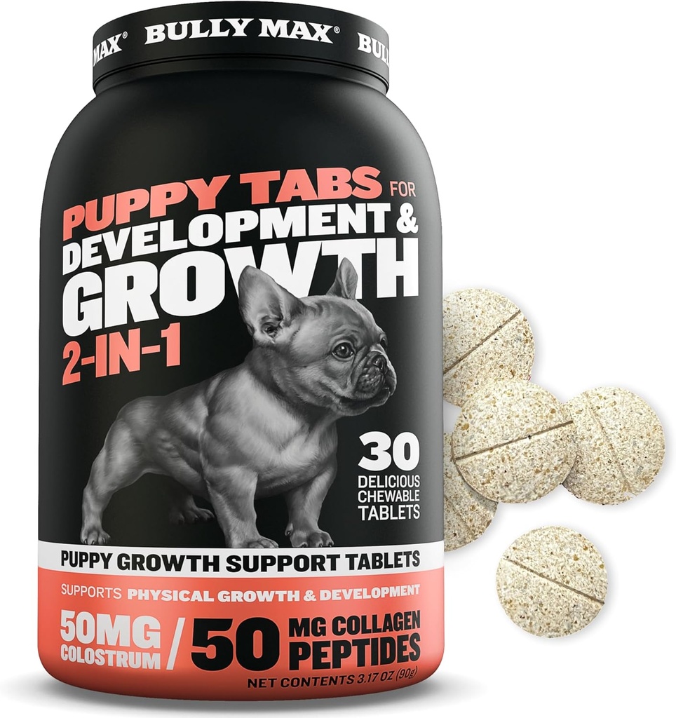 Bully Max 2-in-1 Puppy Vitamins - 30 Chewable Tablets for Development and Growth of Puppies - Dog Treats, Vitamin & Supplements for Small Dogs & Large Breed Growing Pups - Can Be Used as Food Topper