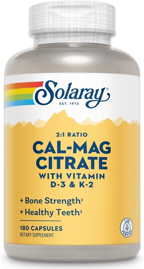 SOLARAY Calcium Magnesium Citrate w/Vitamin D3 K2 - Calcium Supplements for Women and Men - Bone and Heart Health Support - Cal Mag 2:1 Ratio, Plus Vitamin D 3 and K2, 60-Day Guarantee, 30 Servings