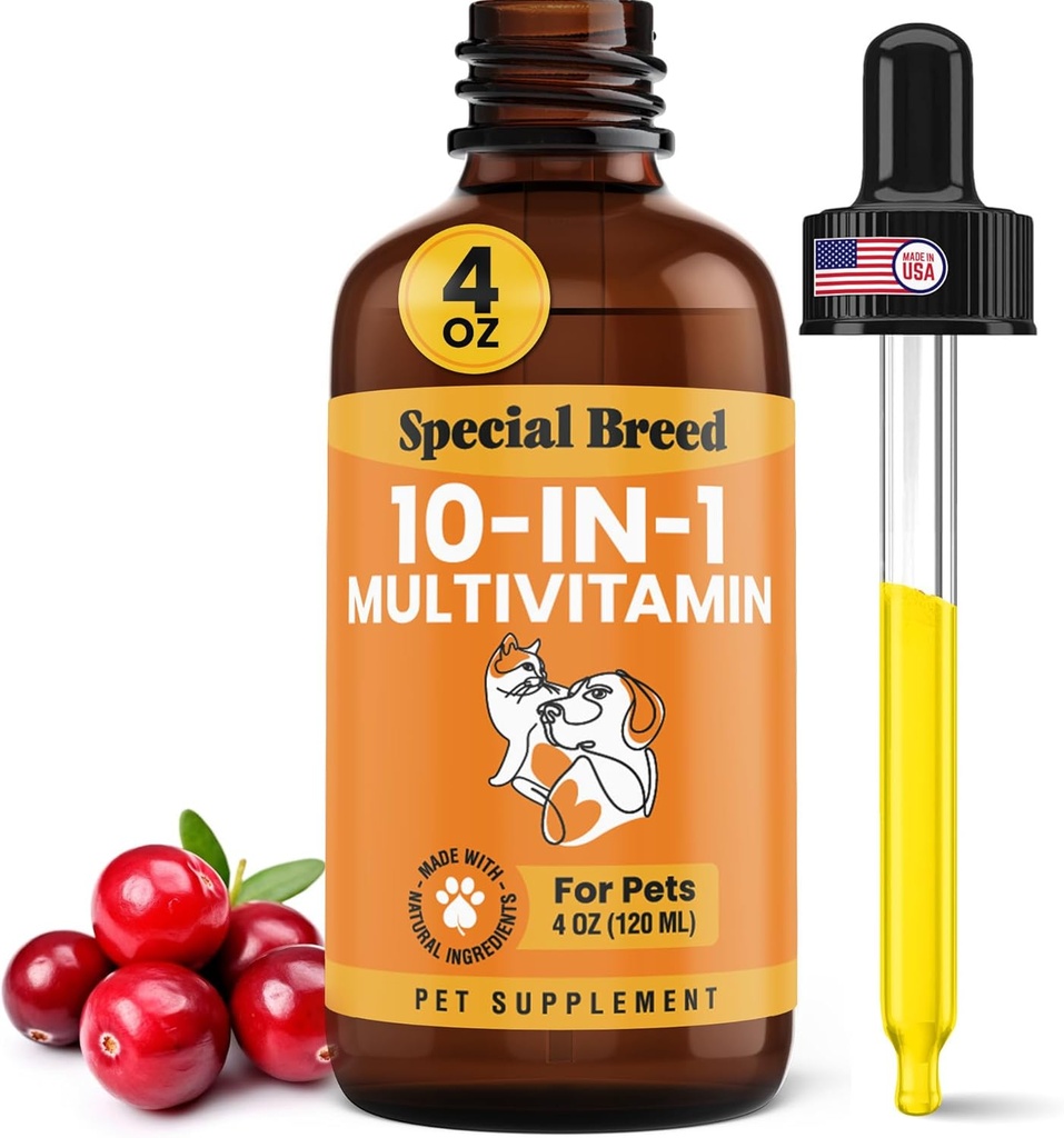 10-in-1 Liquid Multivitamin for Dogs and Cats, 4 Ounce Multi Vitamin Supplement, Vitamin for Dogs, Vitamins for Cats, with Glucosamine & Cranberry, 4 oz