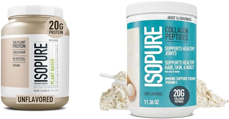 Bundle of Isopure Unflavored Organic Vegan Pea Protein Powder, Dairy Free with Amino Acids, 20 Servings + Isopure Collagen Peptides Powder, 14 Servings, Unflavored, with Vitamin C, with Biotin