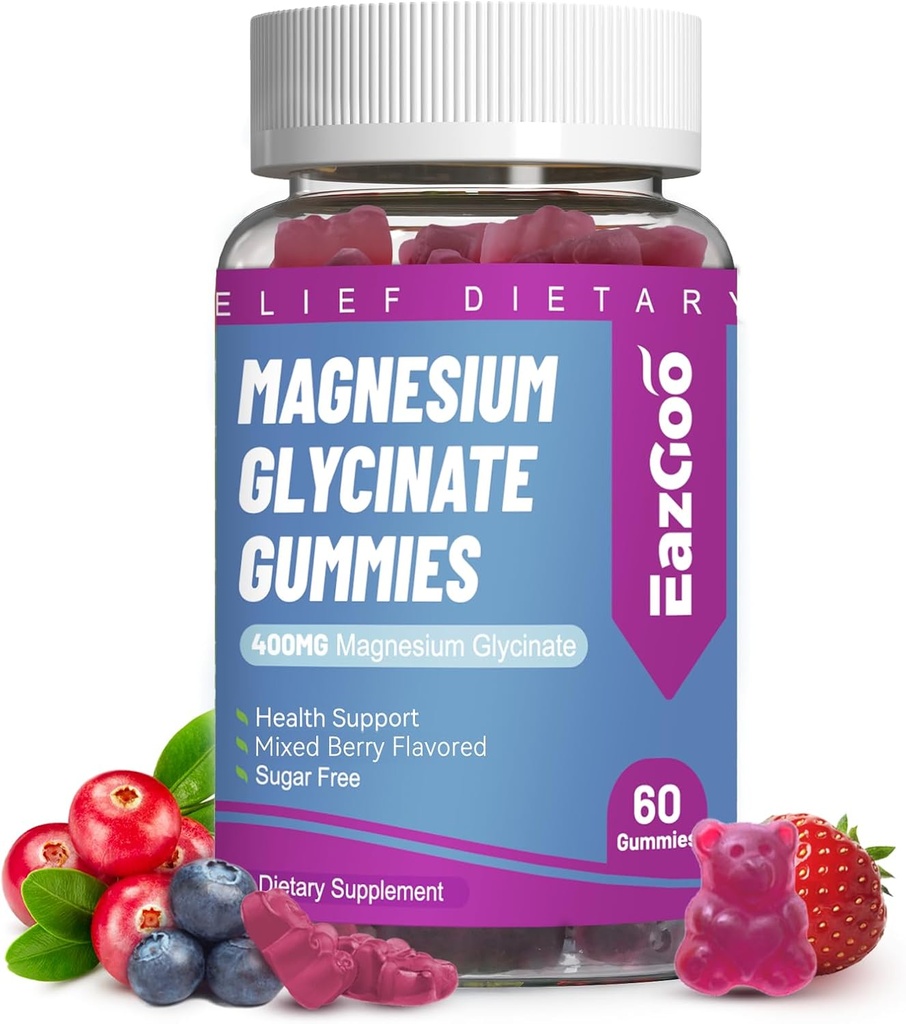 Magnesium Glycinate Gummies 400mg with L-Threonine 200mg - Sugar-Free Magnesium Potassium Supplement with Vitamin D, B6, CoQ10 for Muscle - 60 Mixed Berry Flavored Gummies