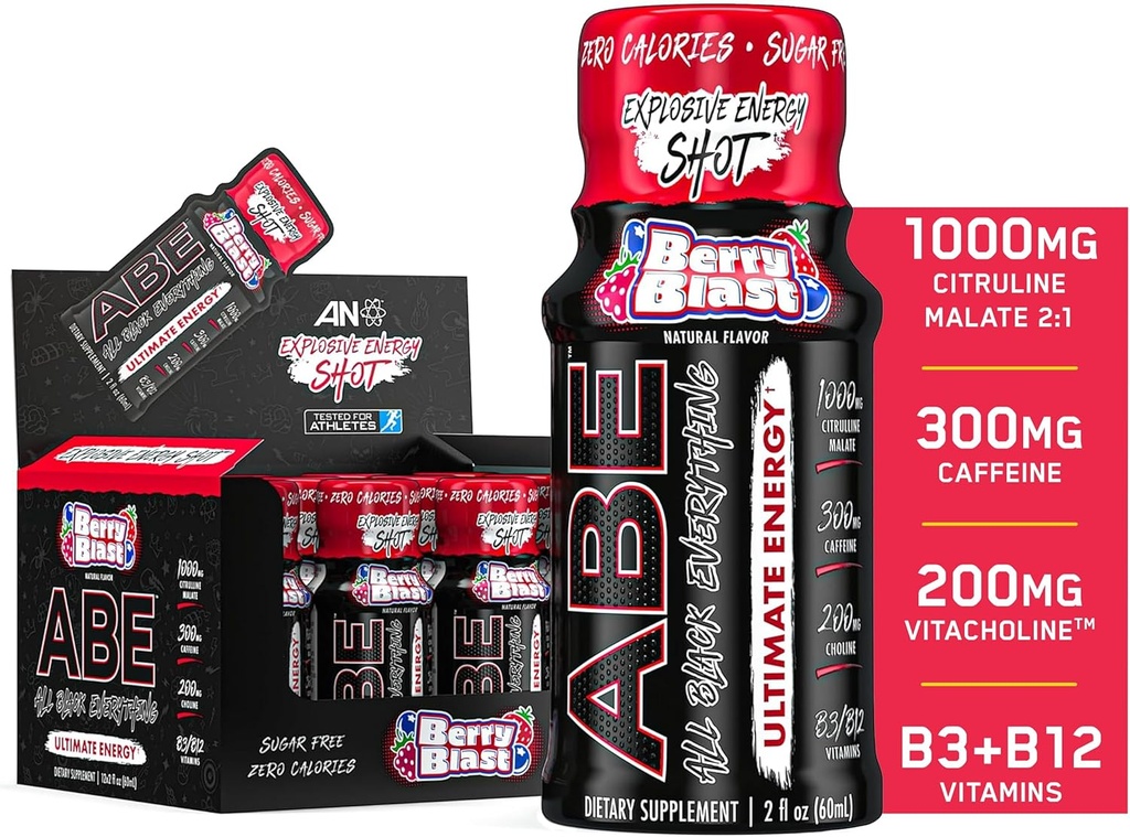 All Black Everything Energy Shots | 12 Pack | 300mg Caffeine | Berry Blast | Zero Sugar | Energy Focus Supplement | Nootropic Blend for Gym or Work