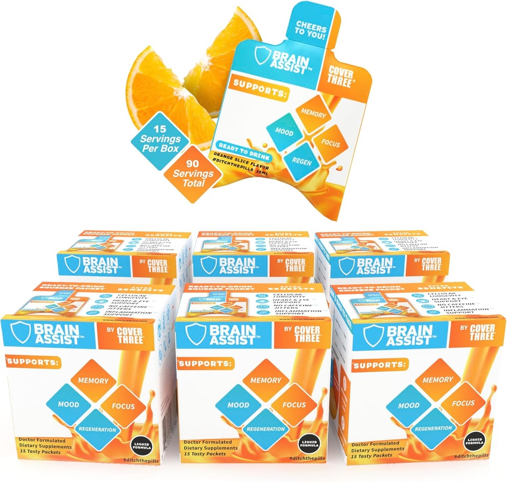Cover Three Brain Assist Brain Supplement, Nutritional Focus Supplement with Curcumin, Uridine, Orange Slice Liquid Brain Support Formula, High Performance Memory Supplements (6 Boxes)