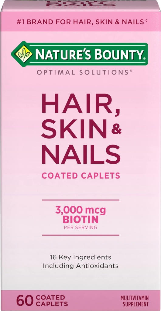 Nature's Bounty Optimal Solutions Hair, Skin & Nails Formula, with 3,000 mcg Biotin, 60 Coated Caplets, 20 Total Servings