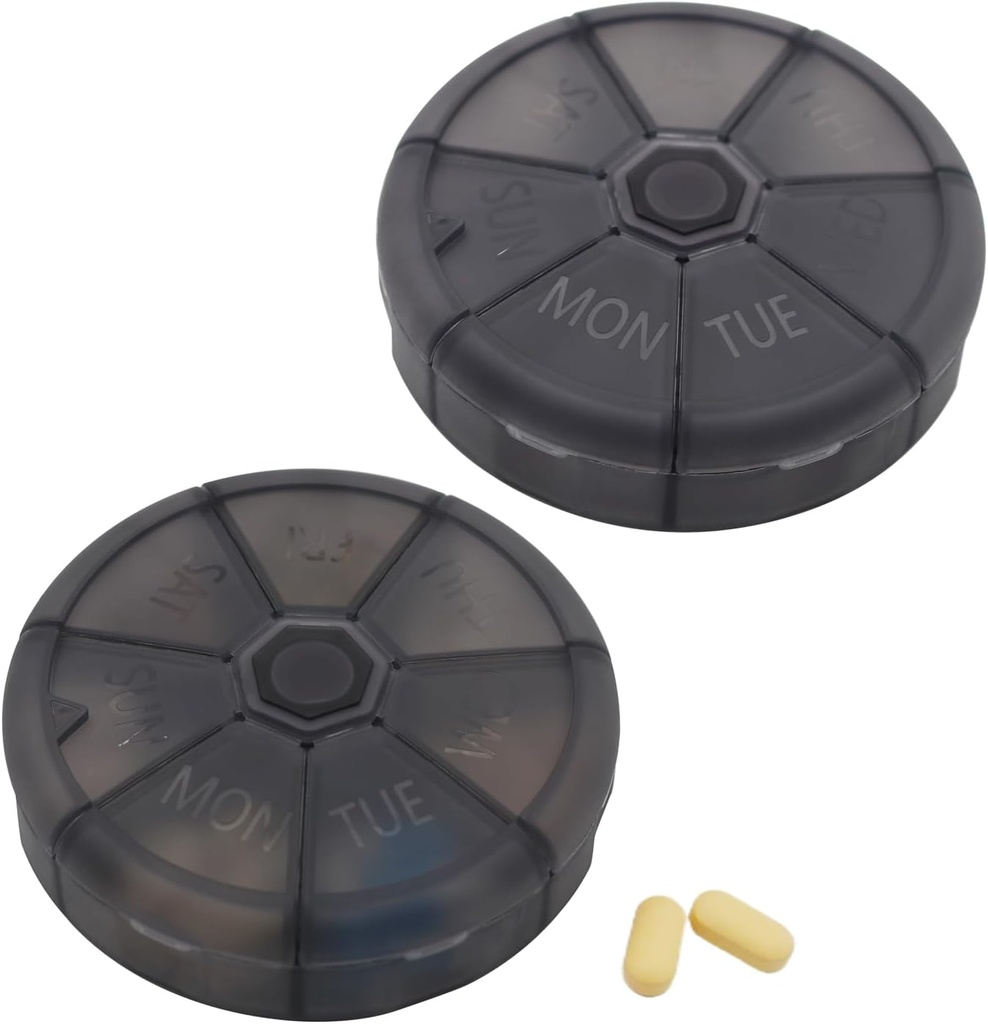 Portable Weekly Pill Organizer 7 Day Pills Container, Round Pill Case Travel Friendly, Daily Week Pill Reminder Case, BPA-Free Vitamin, Supplement, Fish Oil, Medication Planner (Black)