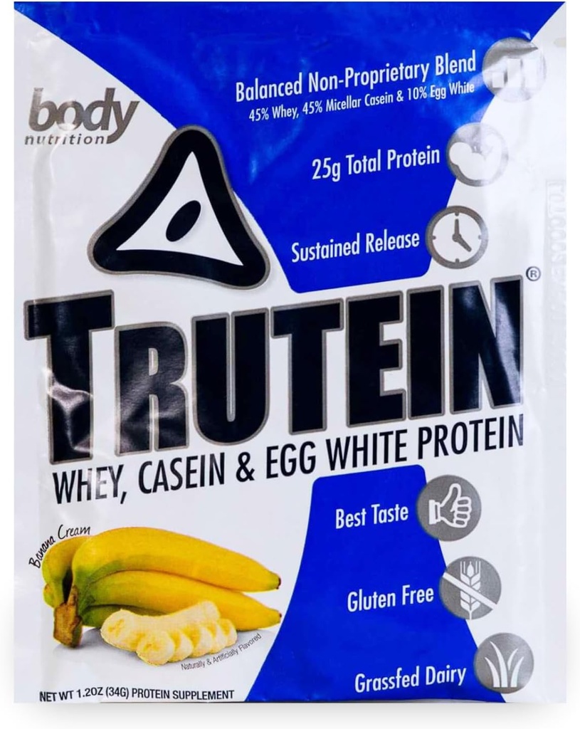 Body Nutrition Trutein High Protein Powder: 45% Whey, 45% Casein, 10% Egg White, Gluten-Free, Low Sodium, Grass Fed Whey Protein Powder, Gym Supplement & Breakfast Shake, Banana Cream, 34g Sample