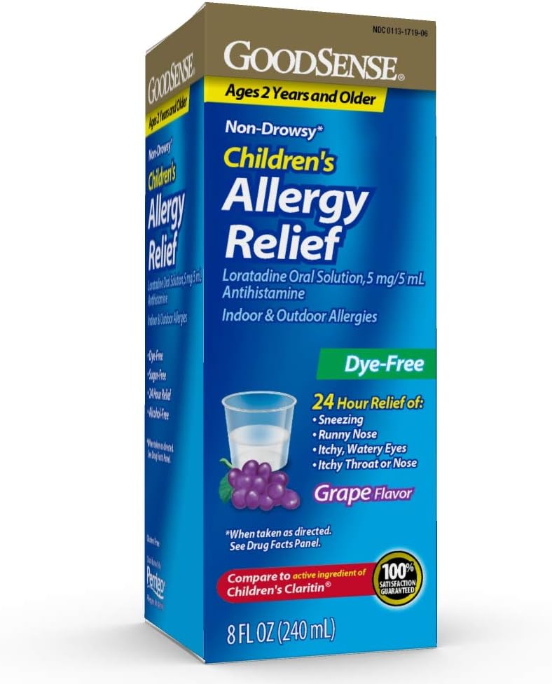 GoodSense Children’s Allergy Medicine, 24 Hour Loratadine Oral Solution 5 mg/5 mL, Dye-Free, Non-Drowsy Antihistamine, Grape Flavor, Ages 2 and Older, 8 oz