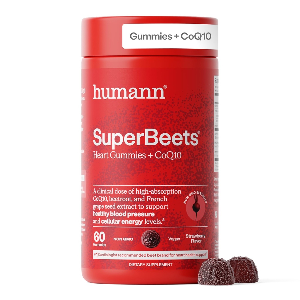 Humann SuperBeets 3-in-1 Heart Gummies - 3x Absorption CoQ10 - Plus Beetroot Extract & Grape Seed Extract for Advanced Heart Health, Cellular Energy & Circulation Support, Vegan, Gluten Free, 60 count