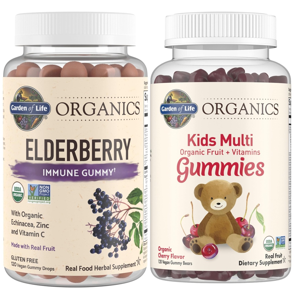 Garden of Life Organics Kids Immune Bundle – Elderberry Immune Support Gummies (120 Count) + Certified Organic Kids Multivitamin Gummies, Non-GMO, Gluten Free, Cherry (120 Count)