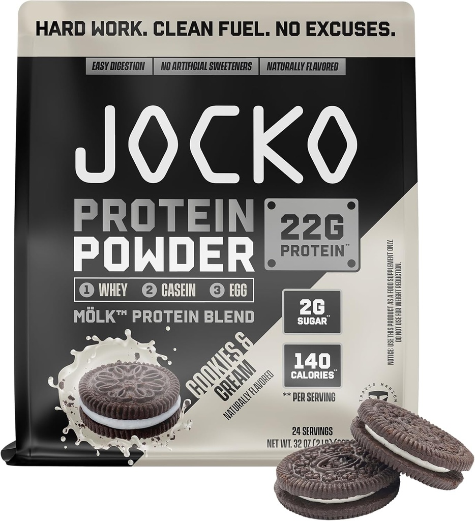 Jocko Fuel Mölk Whey Protein Powder - Keto, Probiotics, Digestive Enzymes, Amino Acids, Low Sugar Monk Fruit Blend - Supports Muscle Recovery & Growth (24 Servings, Cookies & Cream)