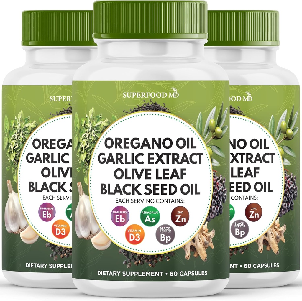 Oregano Oil Garlic Extract Olive Leaf Black Seed Oil Astragalus - Immune Support Supplement for Women and Men- 180 Count