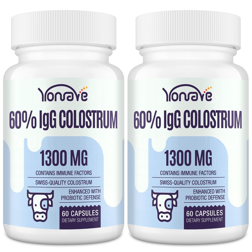 Yonrave Bovine Colostrum Capsules Supplement 1300mg - Extra High 60% IgG Bovine Colostrum - Gut, Bone, Exercise, Immune - 120 Capsules