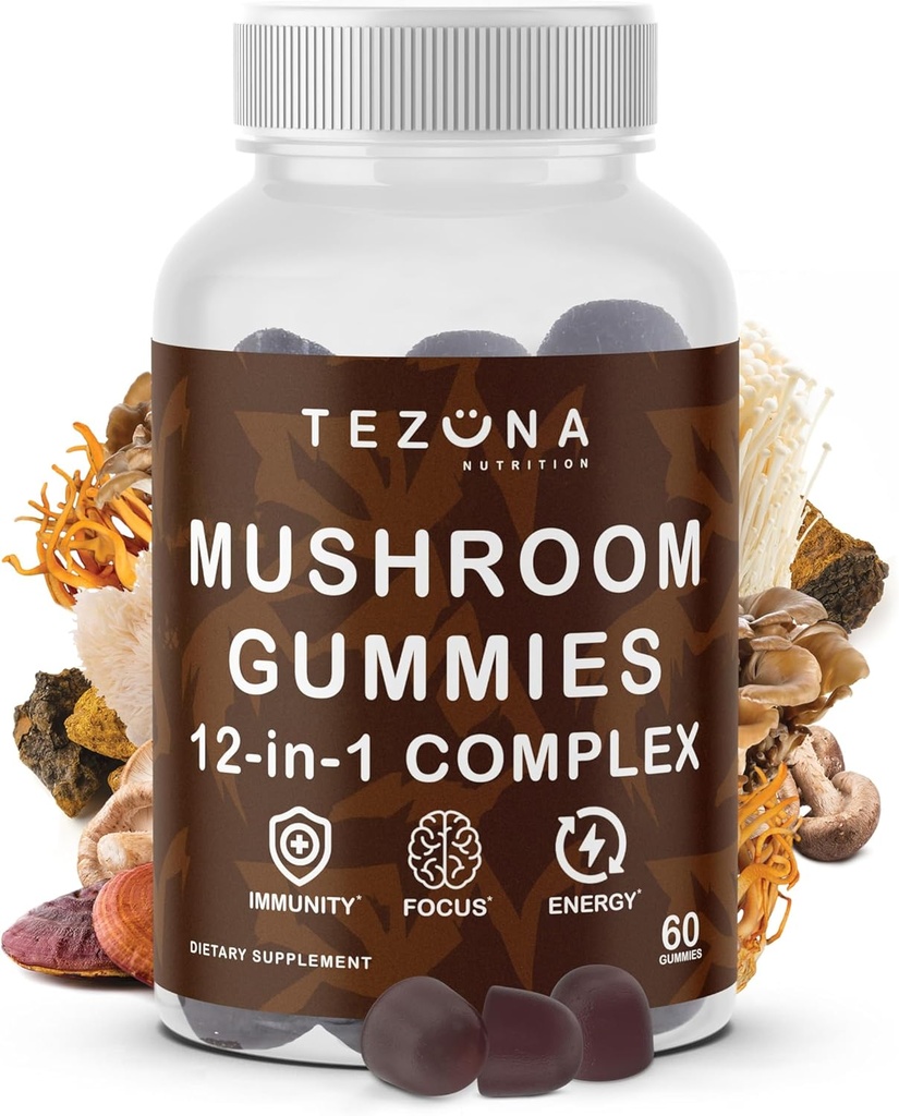 Mushroom Gummies 2 Pack, 12-in-1 Complex Supplement 3000mg - Lions Mane, Turkey Tail, Reishi, Cordyceps, Mushrooms Extract - Nootropic Brain Supplement for Memory and Focus, Boost Immunity and Energy