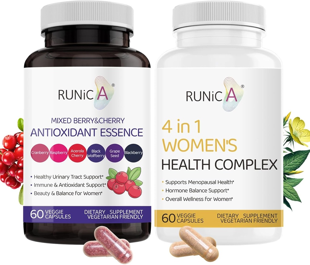 4 in 1 Women Menopause Supplement & Mixed Berry Cherry Antioxidants Supplement Bundle - Soy Isoflavones, Cranberry and More