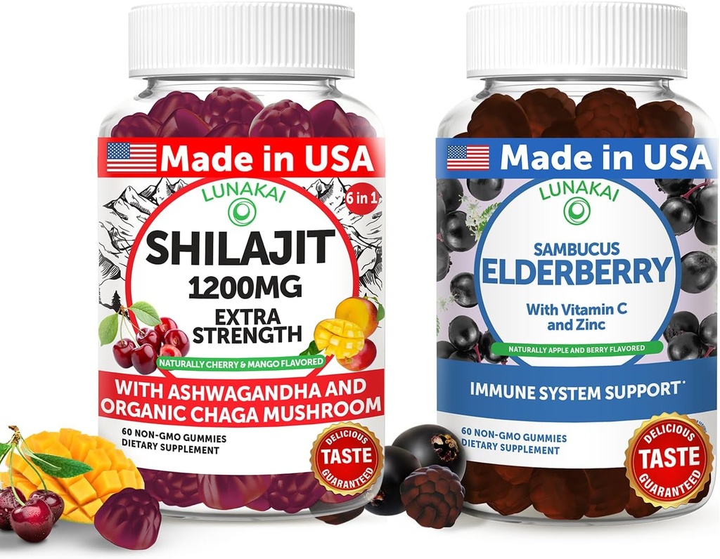 Lunakai USA Made Shilajit & Elderberry Gummies Bundle – Energy and Immune Support – Non-GMO & Delicious