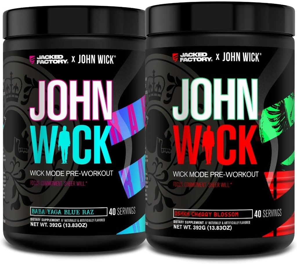 Jacked Factory X John Wick - Wick Mode Pre Workout Powder - Intense Energy, Battle-Ready Focus, Unstoppable Commitment, and Sheer Will - Baba Yaga Blue Raz & Osaka Cherry Blossom (80 Servings)
