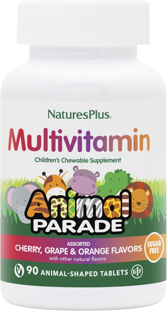NaturesPlus Animal Parade Sugar-Free Children's Multivitamin - Assorted Cherry, Grape & Orange Flavors - Pack of 2, 90 Chewable Tablets - 90 Total Servings