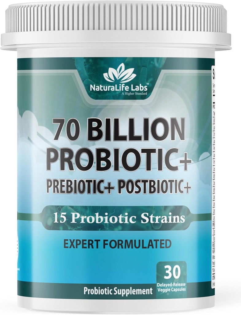 NaturaLife Labs Probiotics 70 Billion CFU – 15 Strains with Organic Prebiotic & Postbiotic – 3-in-1 Formula – 30 Vegan Capsules