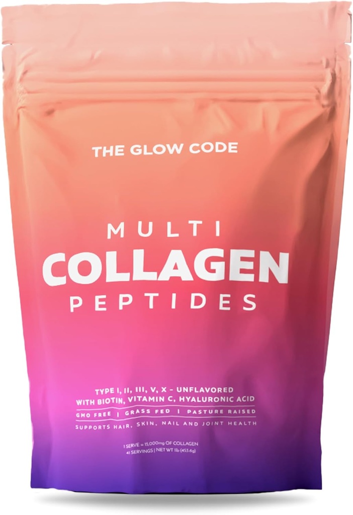 The Glow Code Multi Collagen Peptides – Type I,II,III,V & X Hydrolyzed Collagen Powder, Unflavored, Enhanced with Biotin, Vitamin C & Hyaluronic Acid